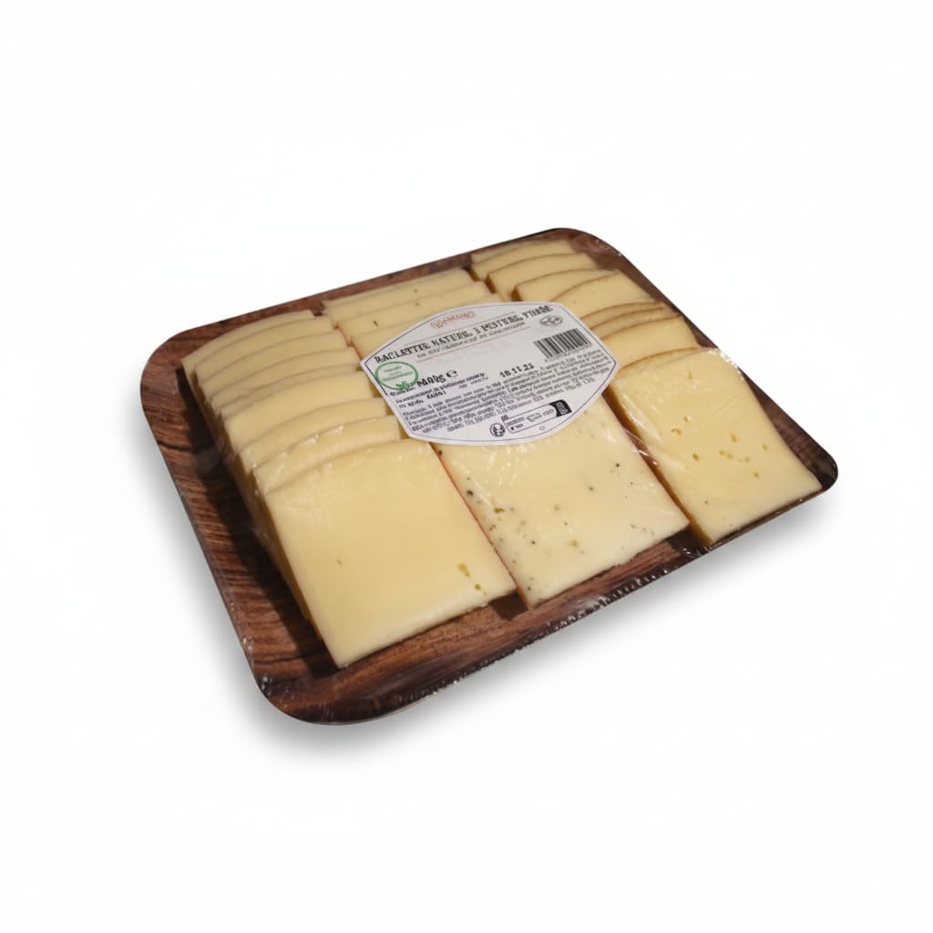Surtido de Queso Raclette Francés 800g - Pack 3 Sabores: Natural, 3 Pimientas y Ahumado - Lonchas Listas para Fundir - Queso de Pasta Prensada - NEXU
