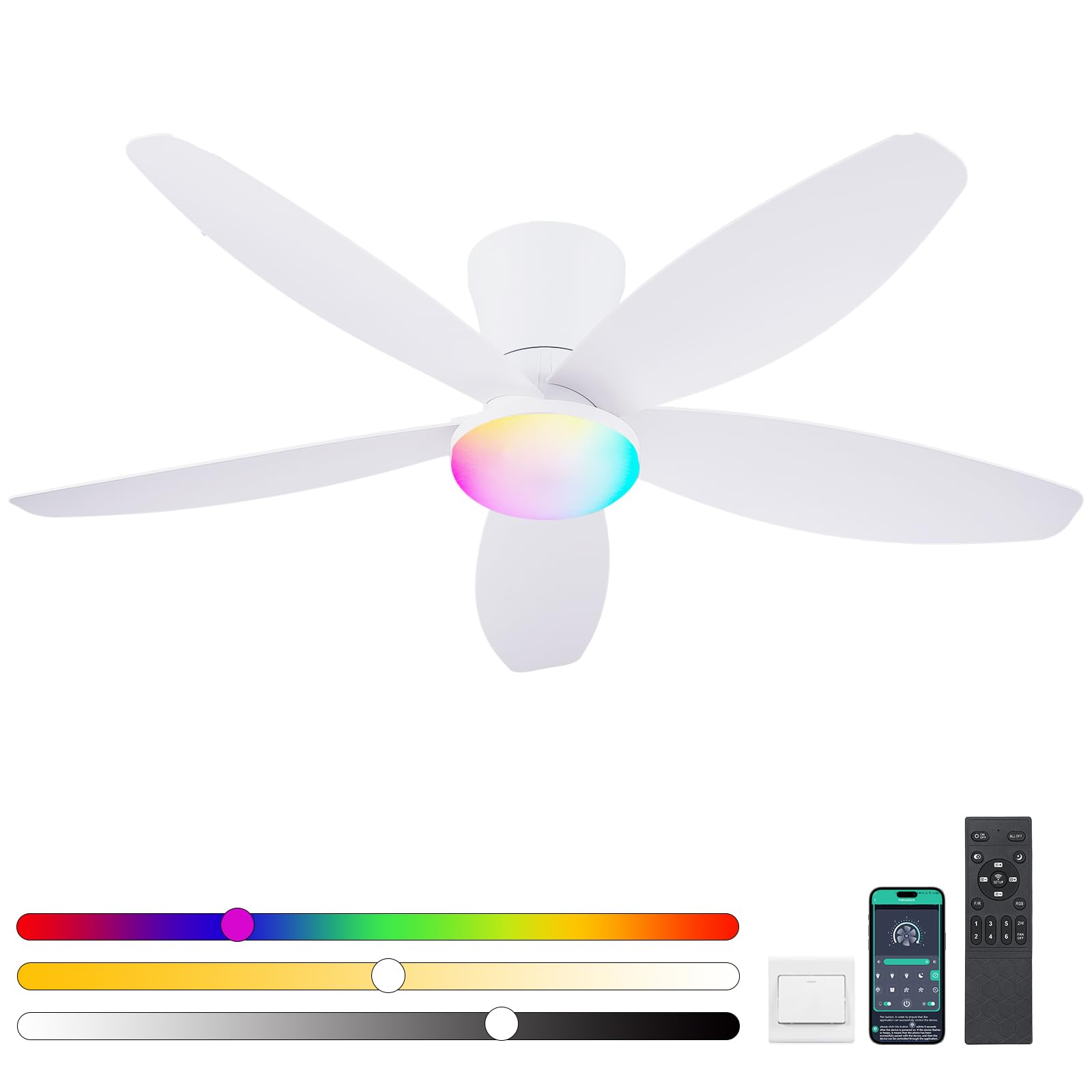 Surtime Flush Mount RGB Ceiling Fans with Lights-48 Low Profile Ceiling Fan with Light and Remote/APP Control,DC Reversible,LED Dimmable Ceiling Fans for Bedroom,Indoor/Outdoor Patio Use(White)