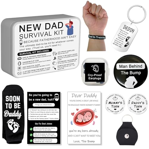 Funny New Dad Gift Set – 8-Piece First-Time Dad Kit for Baby Shower & Gender Reveal – Includes Socks, Decision Coin, Keychain, Guide Card,...