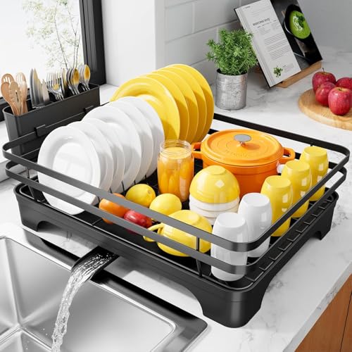 Image of HOMIFLY Utensils Drying Rack /Dish Drying Rack with Drainer Tray /Anti Rust, Smart Drainage System Drainboard with Detachable Cutlery Holder /Kitchen Vessels Organizer & Water Utensils Basket (Black)