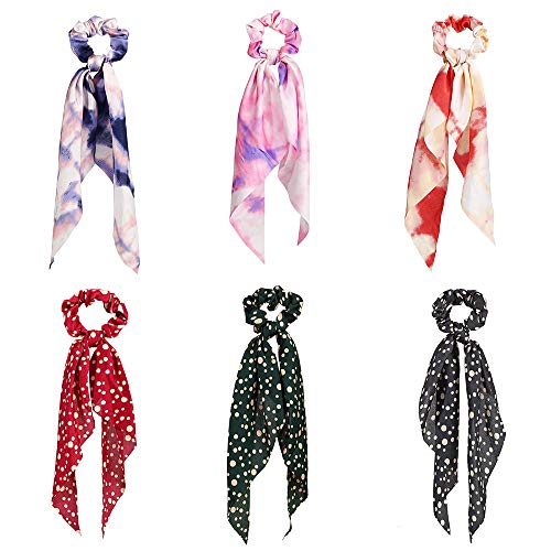 lureme 6 Pcs Bowknot Hair Scrunchies Silk Satin Scarf Hair Ties Vintage Ponytail Holder with Bows Flower Dot Hair Scrunchy Accessories Ropes for Women (hb000002-1)