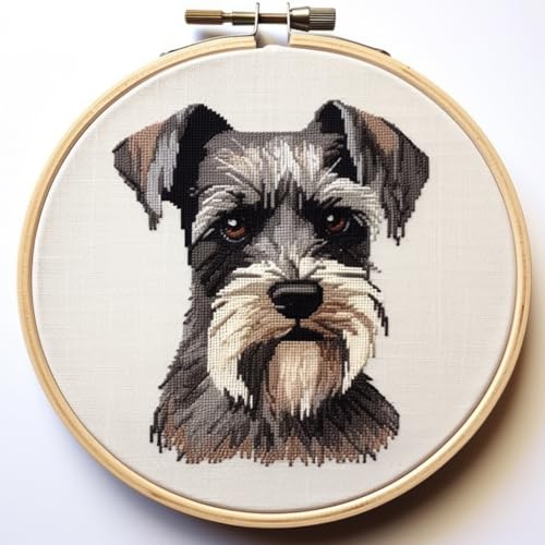 Image of Schnauzer Stamped Cross Stitch Kits for Beginners Easy with Hoop 11CT Needlepoint Embroidery DIY Counted Cross Stitch Kits Art Craft Wall Decoration 35x35cm(4)