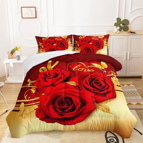 Image of AILONEN Red Rose Comforter Set Queen Size, Gold Hearts Themed Bedding, 3-Piece Romantic Luxury Flower Comforter With 2 Pillowcases, Soft Microfiber