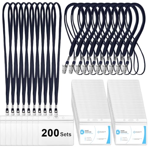 Image of Marspark 200 Sets 4 inchx3 inch Name Badge Holder with Lanyard Bulk, Blue | Waterproof Reusable Plastic with Clip, ID Badges Business School Conference Use, Lanyard Strap for Employees Students Events