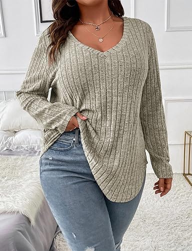 Image of Koscacy Women Plus Size Casual Knit Sweater V Neck Solid Color Tops Lightweight Long Sleeve Blouses