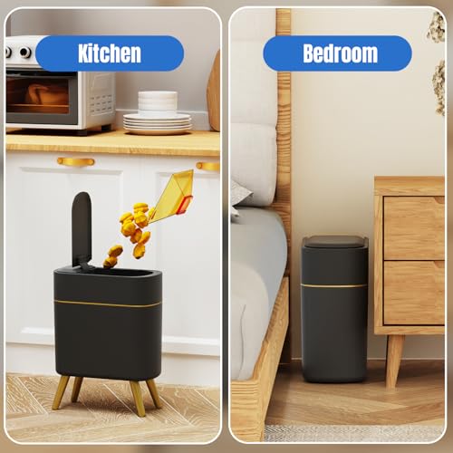 Image of 2 Pack - Automatic Bathroom Trash Can with Lid - Smart Trash Can Touchless | Bedroom, Office, Kitchen, Living Room - 2.5 Gal Motion Sensor Garbage Can - Black with Gold Legs