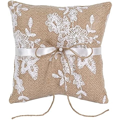 Burlap Ring Bearer Pillow with Lace Bow Cover
