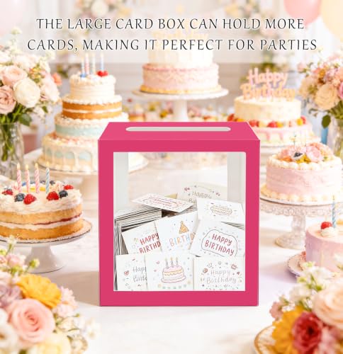 Image of SietDESEO Hot Pink Card Box for Party with Clear Window Large Gift Card Box Holder for Wedding Reception Birthday Graduation Baby Shower Raffle Ticket Box