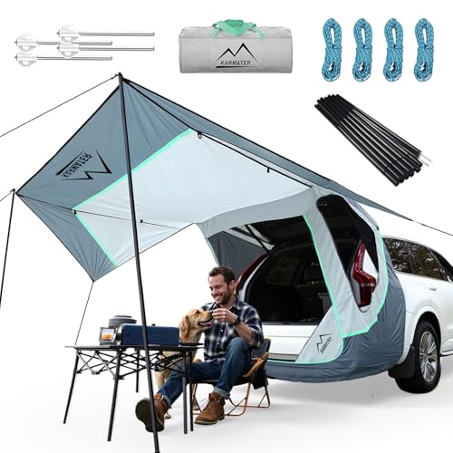 SUV Tailgate Tent with Poles &Three Sides Awning Shade & Transmittance Mosquito Net, Hatchback Camping Sunproof Car Tenting, Universal SUV Windproof Camping Gear Tent Outdoor Travel