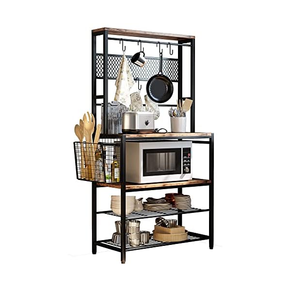 IRONCK Baker's Rack, 5 Tier Kitchen Island with Hooks Microwave Stand with Mesh Panel Storage, Utility Storage Shelf for Kitchen, Vintage Browm and P2 Wood