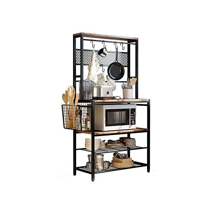 IRONCK Baker's Rack, 5 Tier Kitchen Island with Hooks Microwave Stand with Mesh Panel Storage, Utility Storage Shelf for Kitchen, Vintage Browm and P2 Wood