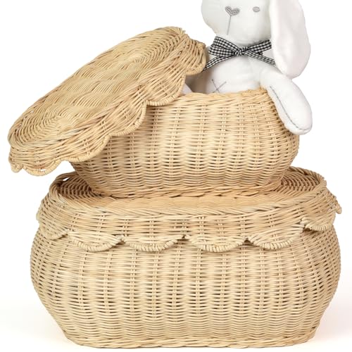 Image of 2pcs Hand Woven Rattan Scallopped Baskets with Lid, Small Rattan Basket, Decorative Wicker Storage Baskets, Storage Basket for Living Room, Bathroom, Bedroom, Food, Bread, Picnic