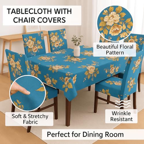 Image of Styleys Dining Chair Cover with Table Covers for Kitchen Waterproof Dining Table Cloth (1 Table Cover + 4 Chair Cover, Blue Flower, CTSD14)
