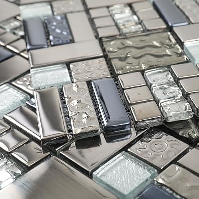 Adedeo Glass Mosaic Tile Grey and Silver 12 x 12 Inch for Kitchen Backsplash Bathroom Wall (5-Pack, 5 sq.ft.)