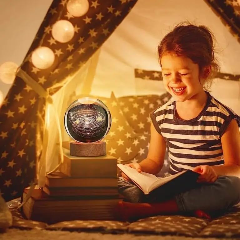Image of Quace Galaxy Solar System Crystal Ball Night Light, Glass Ball Night LED Lamp with Woodern Base,Decorations Gifts for Men,Women,Kids,Boys,Girls,Teens