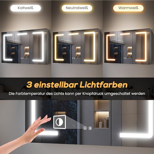 SONNI 3-drzwiowa szafka łazienkowa z lustrem, szerokość 90 cm, szara, z oświetleniem LED, z funkcją zapobiegającą zaparowaniu, gniazdko, 3 kolory światła, możliwość ściemniania, w pełni zmontowana