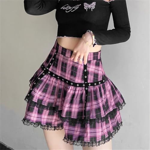 Womens Lace Ruffle Mini Harajuku Grunge Plaid Pleated Japanese Lolita Streetwear Skirt4