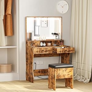 Ironckvanitydesksetwithledlightedmirrorpoweroutletmakeupvanitytablewith4drawersstoragebenchdressingtableforbedroomvintagebrown Urban Country Home Decor Ironck vanity desk set with led lighted mirror power outlet makeup vanity table with 4 drawersstorage benchdressing table for bedroom vintage brown urban country home decor