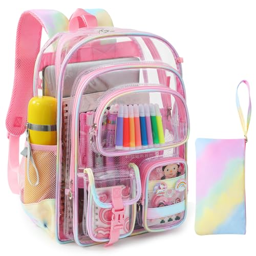 Image of Clear Backpack for School, Heavy Duty PVC Transparent Bookbag Set with Cute Accessories, Double Layer See Through Backpack for Girls Teens Adult