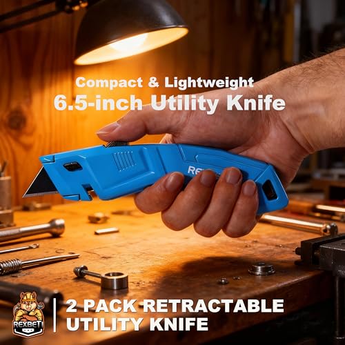 Image of REXBETI 2 Pack Utility Knife with Extra Blades, 2 Color Retractable Blade Heavy Duty Box Cutter for Cartons，Cardboard and Boxes，Extra 10 Blades Included