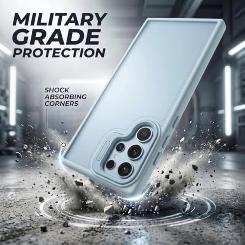 Image of amazon basics Frosted Matte Case for Samsung Galaxy S23 Ultra 5G | Built-in Flip-Out Camera Lens Stand | Translucent Back with Contrast Blue Bumper | Foldable Kickstand