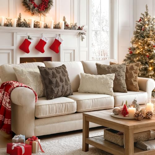 Image of MIULEE Christmas Throw Pillow Covers Reddish Brown Christmas Decorations Set of 2 Xmas Tree 18x18 Pillow Covers Soft Faux Wool Pillowcases Holiday Festivals Winter Home Decor Sofa Couch Bed Porch
