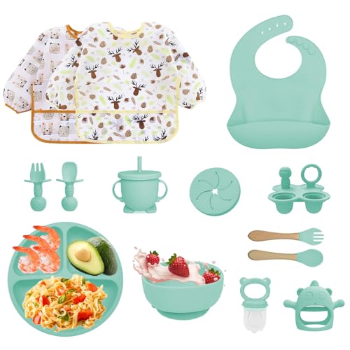 Bizcasa Vajilla Bebe Silicona, 14 Piezas Vajilla de Silicona para Bebés Antideslizante,Vajilla de aprendizaje para comer destete con Plato Cuenco Babero Taza Mordedor Fruta Bebe, Sin BPA (Verde 2)