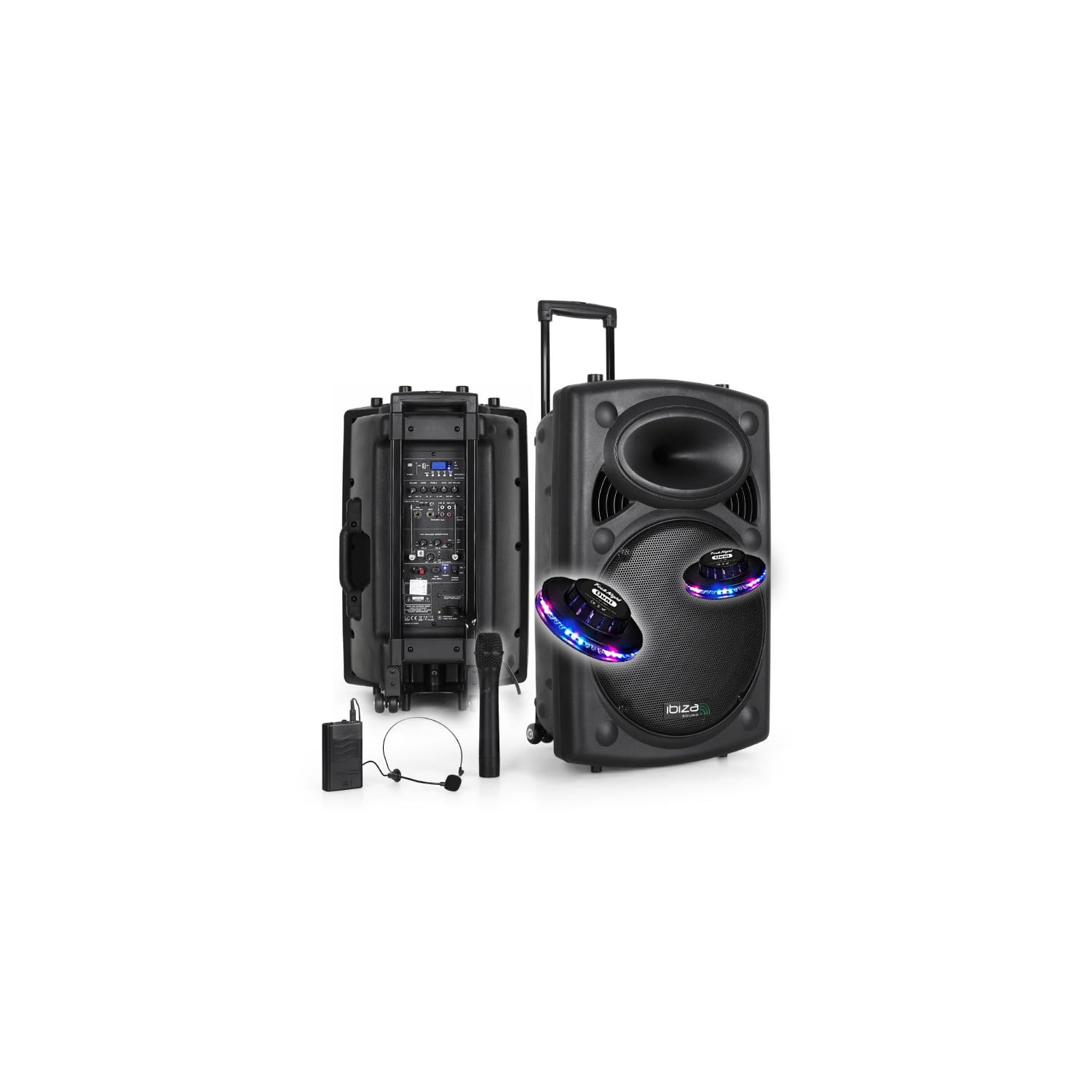 Ibiza Sound Enceinte Sono Portable 15" 800W Batterie Bluetooth Karaoké 2 Micros VHF Main Tête 2 Jeux Lumières OVNI