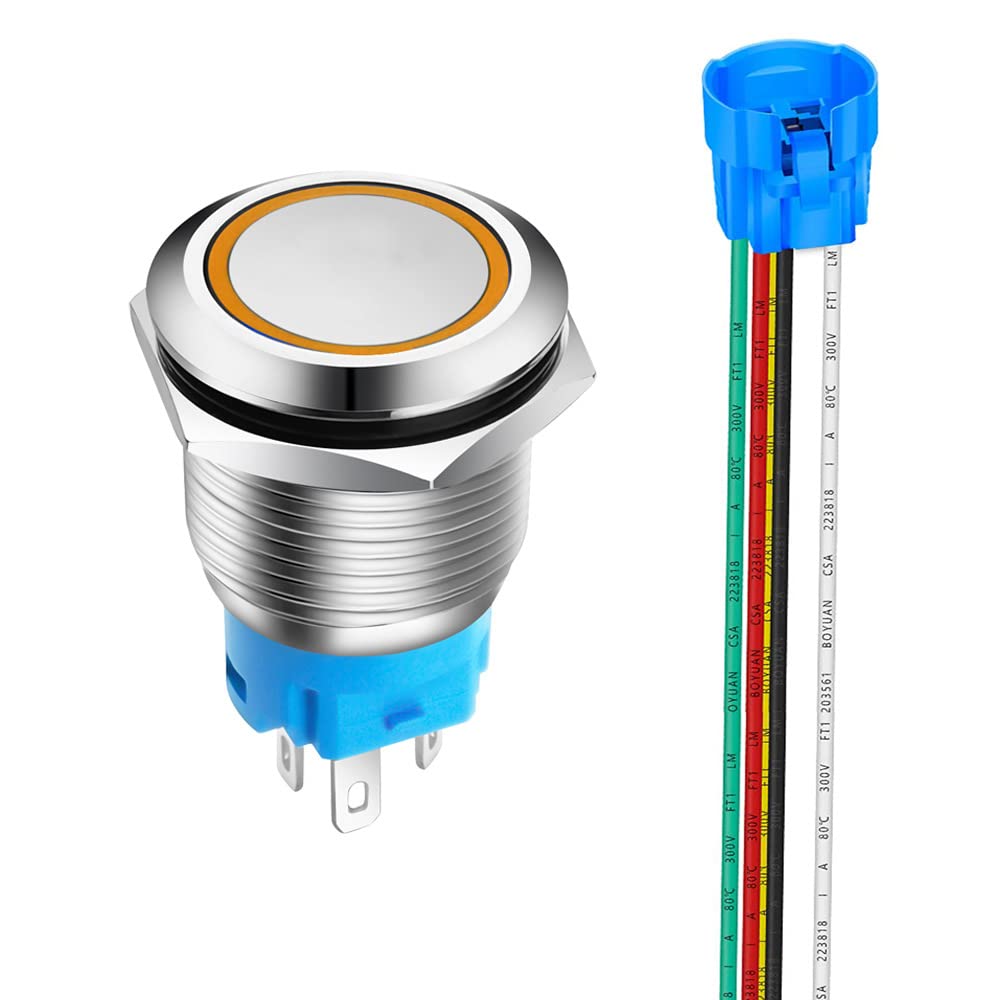 – Gebildet 1 Piece 0.75 Inch/19mm Stainless Steel Momentary Push Button 12V-24V 5A LED 1NO1NC SPDT ON Off Waterproof with Wire Socket Plug(Orange LED)