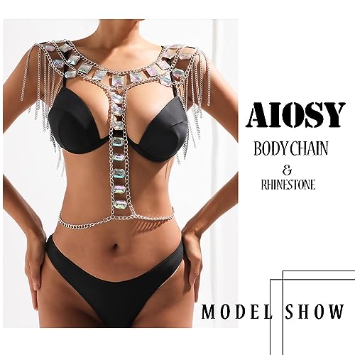 Aiosy Sparkly Rhinestone Body Chain Bra Silver Women Crystal Backless Tassel Chest Chains Bikini Halter Mesh Tops Layered Rave Outfits Jewelry Sexy Harness Body Accessories For Nightclub Festival Party Beach Belly Dance Costume（Only Bra） #TOP1