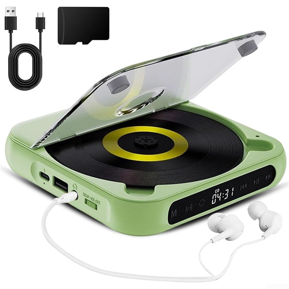 Lecteur CD rechargeable par USB avec écouteurs - Lecture portable en voiture - Lecture filaire sans fil - Lecteur de musique léger - Vert