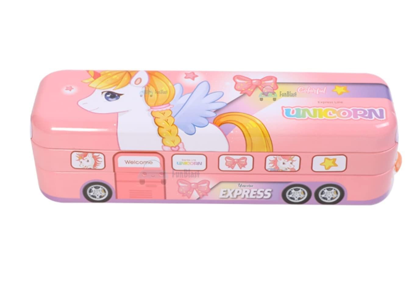 JAPSI Unicorn Design Double Decker Bus Pencil Box, Metal Case with Wheels, Pink