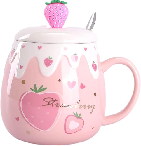 WHJY Taza de café rosa para mujer, taza de desayuno de cerámica coreana de fresa con tapa y cuchara, 15.2 fl oz15 oz, rosa D