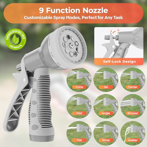 Image of Ayleid Retractable Rubber Hybrid Garden Hose Reel, 1 /2 inchx100ft Wall Mount | Anti-freeze, kink-free premium rubber hybrid hose, 24-month warranty, 9-pattern sprayer, any-length lock, slow auto-return.