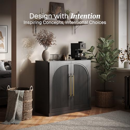 Image of BELLEZE Modular Sideboard with Double-Arc Wood Doors, Small Arched Buffet Cabinet with Storage and Adjustable Shelves, Classic Modern Credenza for Living Room, Kitchen, or Entryway (Ebony)