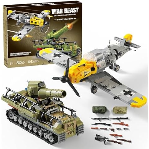 WW2 Military Toys Building Sets, Create a BF109 Fighter Plane & a Karl Giant Mortar Tank, Compatible with Lego, Great Army Airplane Toy for Boys and Kids Age 8-12 Cover