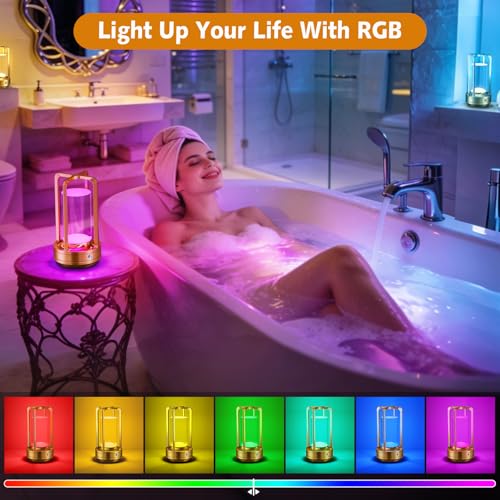 Image of Portable Table Lamp for Outdoor Indoor: Cordless Rechargeable Desk Lamp with 10 Colors - Shower Lamp with Stepless Dimmable - Metal Battery Operated Lantern Light for Bedroom /Bar /Coffee Shop /Camping