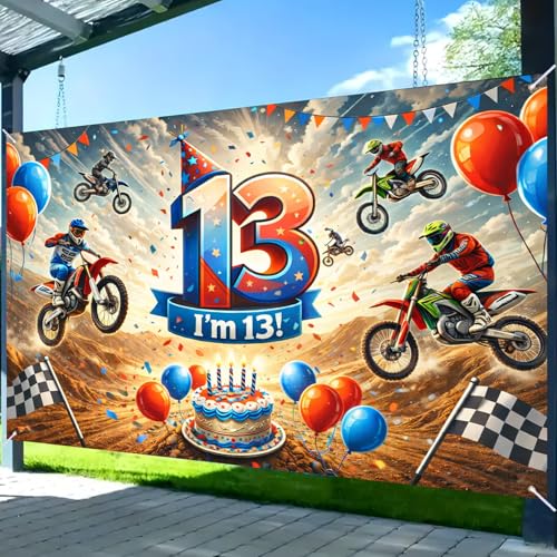 Image of Nuxovilar Happy 13th Birthday Banner Yard Sign 71 inchx43in Polyester Backdrop | Celebrate Party Supplies, Celebration Decor. Dirt Bike Birthday Party Decorations. Yard, Garage, Room. (Dirt Bike 13th)