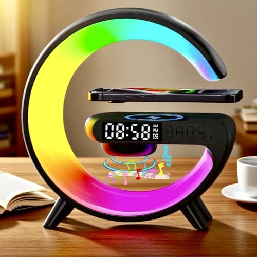 EQF LED Table Lamp with Wireless Charger, G Shaped Night Light Lamp with Bluetooth Speaker, Sunrise Alarm Clock, Smart Mini Atmosphere Lamp for Bedroom, Office, Living Area (Black)
