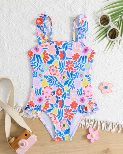 Badeanzug Mädchen Kleinkind Verstellbare Träger Schwimmanzug Mädchen Einteiliger UV Badebekleidung, Blumen 98