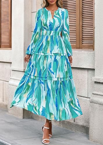 PRETTYGARDEN Women's 2025 Fall Boho Maxi Dresses Floral Long Sleeve V Neck Flowy Elegant Wedding Guest Dress Vacation Outfits2