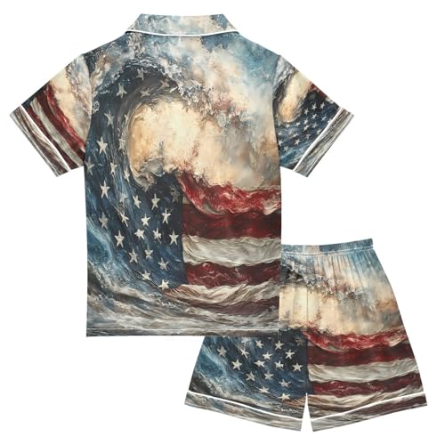 ALAZA American Flag Sea Wave Satin Pajamas Set Short Sleeve Button Down Sleepwear Summer Pjs 2 Piece2