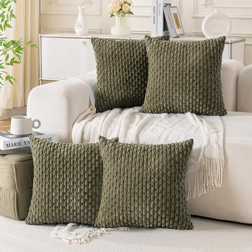 Set of 4 Olive Green Decorative Throw Pillow Covers 18x18 Inch Corduroy Pillow Covers for Bed Couch Sofa Living Room Soft Square Cushion Cases