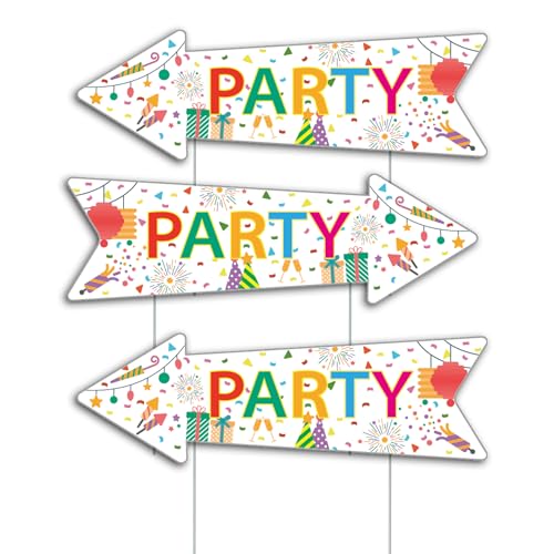 Party Signs with Stakes 16 Inches by 5 Inches - Double Sided Signs - Corrugated Plastic - Colorful Birthday Party This Way Sign with Arrow for Yard Outdoors. (3)