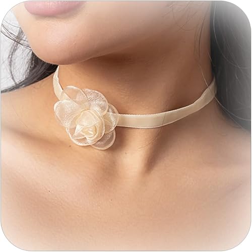 Flower Necklace Black White Pink Choker for Women Girls Flower Choker Necklace Summer Beach Choker Jewelry (Champagne)