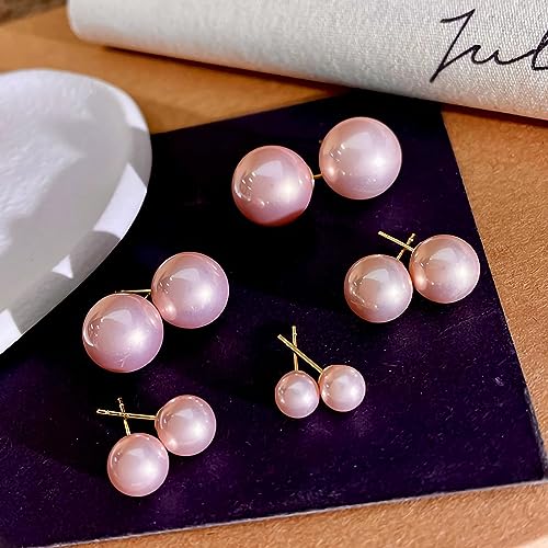 3 pairs pink pearl earrings for Women,(8mm/10mm/12mm) big hot pink Round pearl stud earrings for women.2