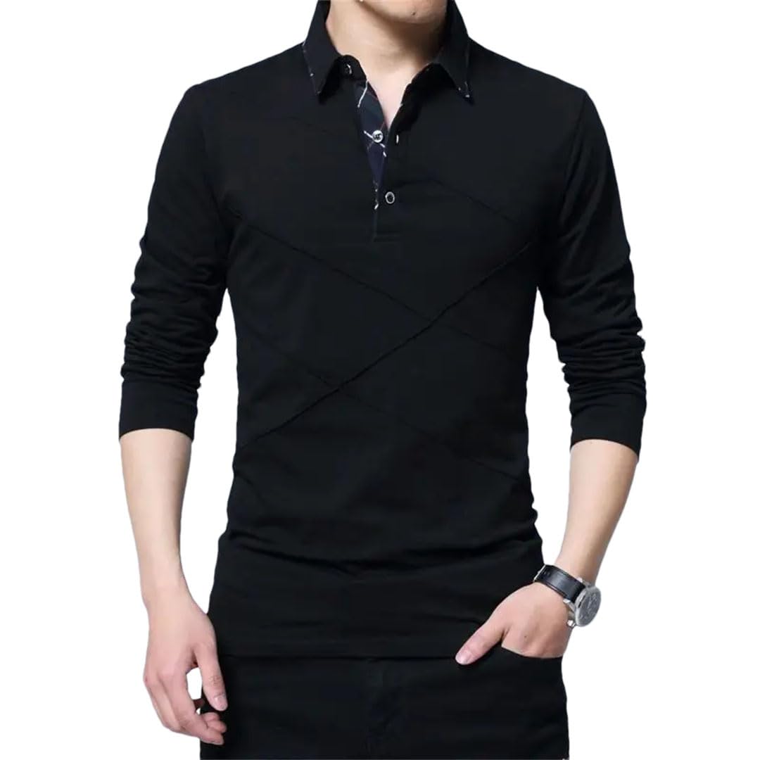 Polo de algodón sólido con solapa y botones para hombre, impresión de letras coreanas, camiseta de manga larga