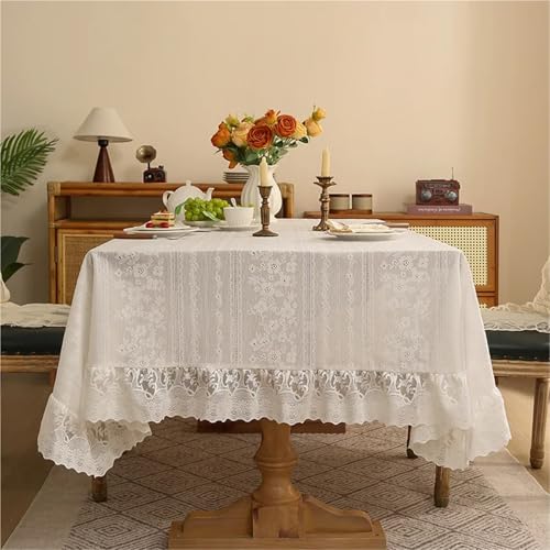 Nappe en dentelle blanche 140x260 cm à volants pour table rectangle