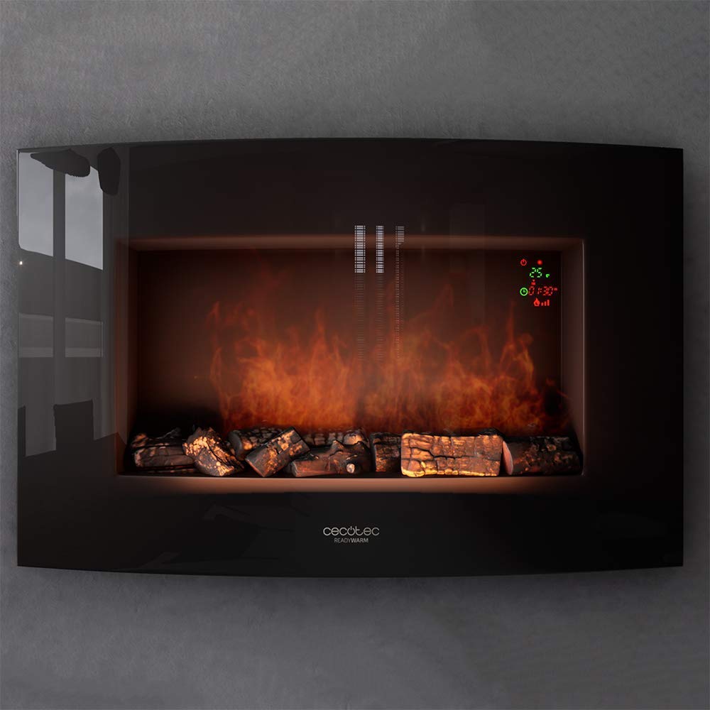 Cecotec Foyer électrique décoratif Ready Warm 2250 Curved Flames. 2000 W, Taille 22", WiFi, 2 Niveaux de Puissance, Télécommande, Panneau incurvé, Minuterie, 20 m2 (35", Noir | Télécommande)