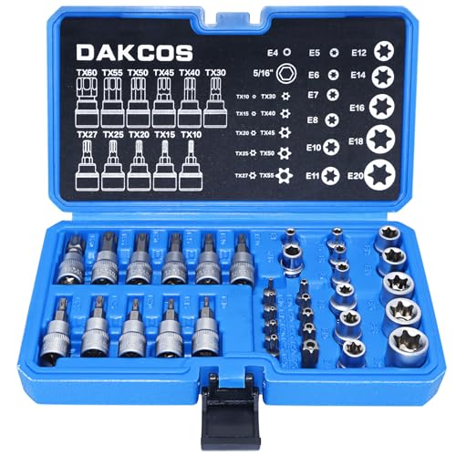 DAKCOS Jeu de 34 Coffret douilles torx femelle E4-E20, Embout torx étoilé profil T10-T60, Adaptateur 3/8
